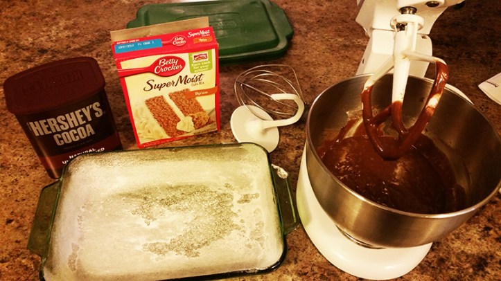 spice cake mix, cocoa, prepared cake pan and mixer