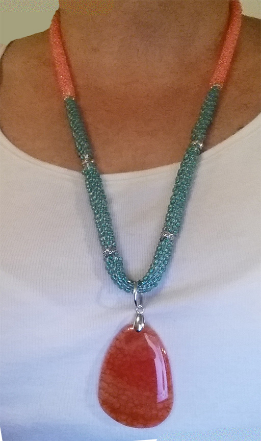 coral and teal kumihimo necklace