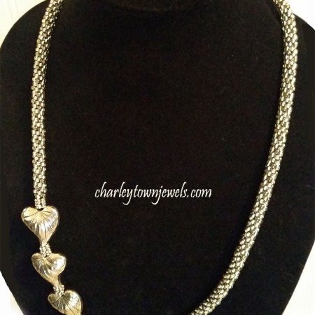 Silver hearts Kumihimo Necklace