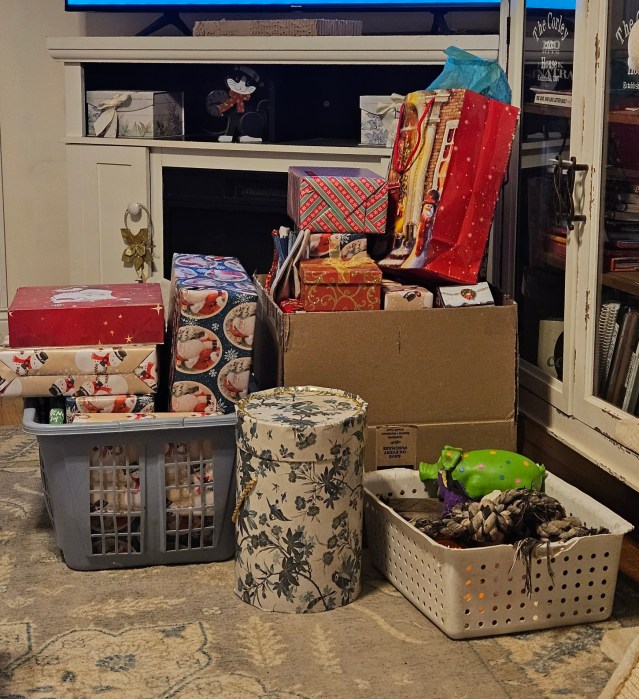 Wrapped Christmas presents in boxes