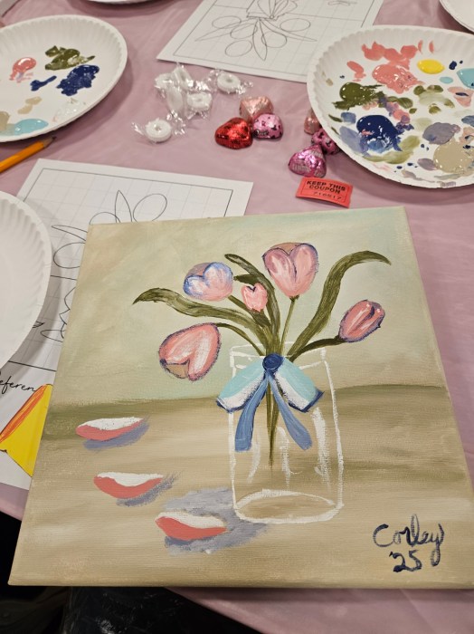 Painting of tulips in glass jar